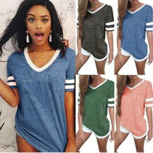 **Last** Striped Casual V Neck Baseball Tees